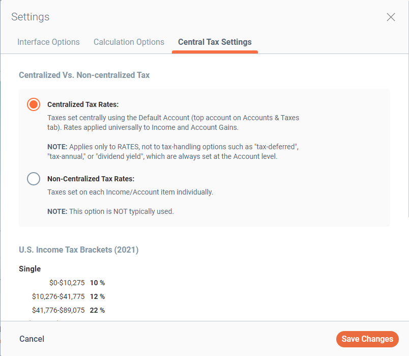 Settings central tax tab